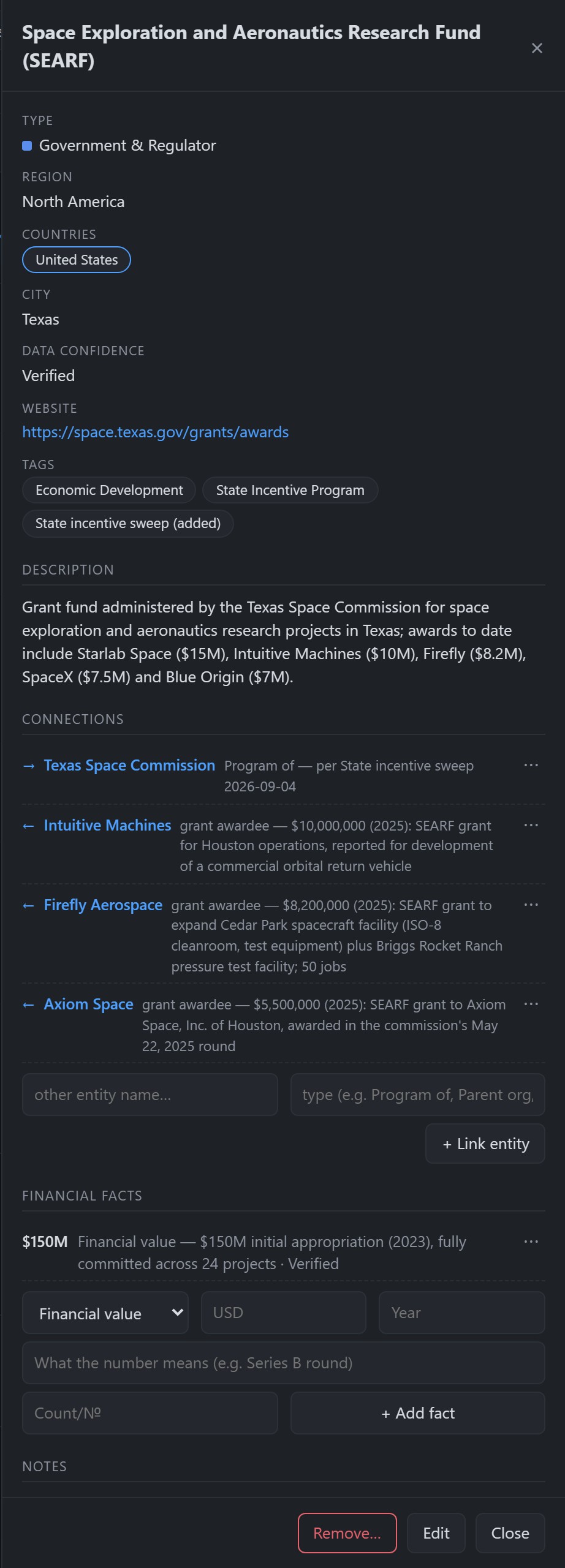 Texas SEARF grant fund record in the atlas showing the State Incentive Program tag, awards to date including Firefly and Intuitive Machines, and evidence-stamped connections