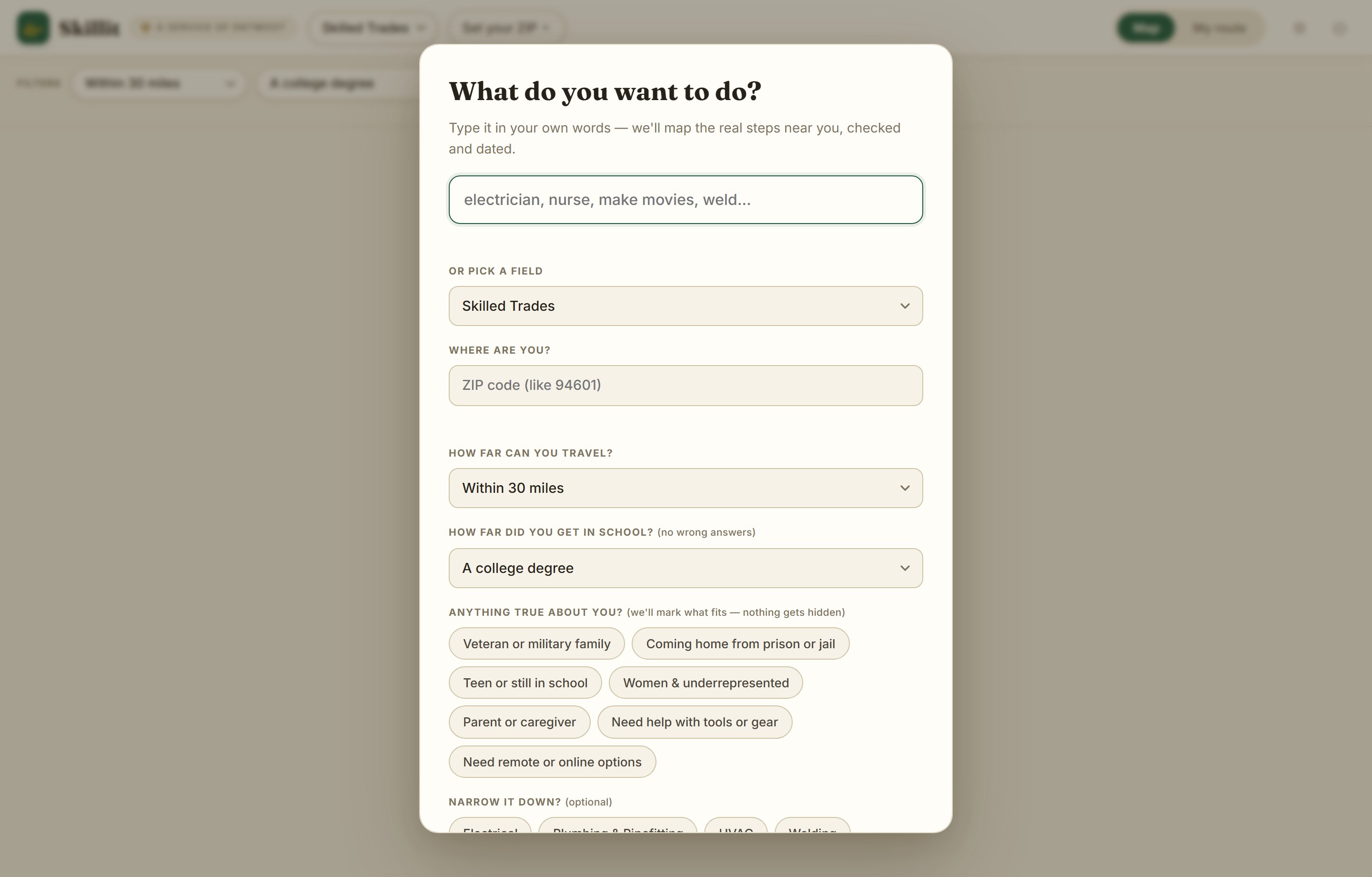 Skillit intake form asking what do you want to do, with plain-language field, ZIP code, travel distance, education level and life-situation chips
